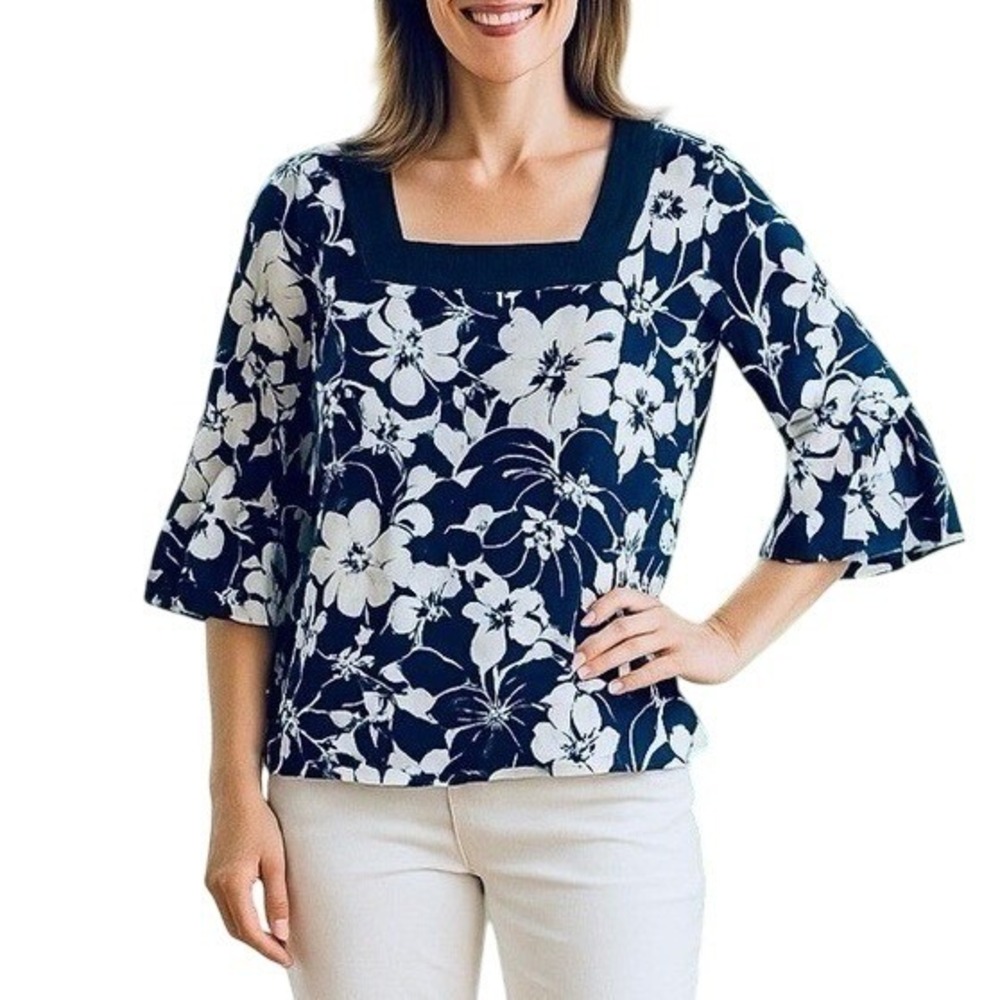 Tommy Hilfiger Navy Blue/White Floral Print Smocked Pullover Top Shirt Blouse